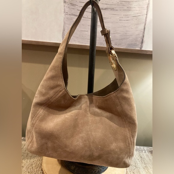 Michael Kors Fulton Suede Tan Leather Slouchy Bold Gold Logo Hobo Shoulder Bag - Picture 3 of 12